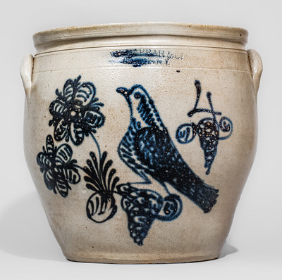Exceptional W.H. FARRAR & CO. / GEDDES, N.Y. Four-Gallon Stoneware Jar w/ Elaborate Bird and Floral Designs
