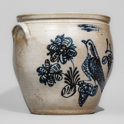Exceptional W.H. FARRAR & CO. / GEDDES, N.Y. Four-Gallon Stoneware Jar w/ Elaborate Bird and Floral Designs