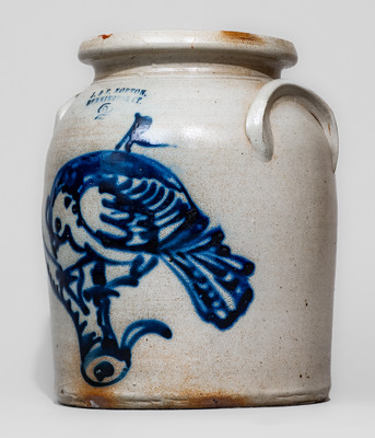 Exceptional J. & E. NORTON, / BENNINGTON, VT Stoneware Jar w/ Oversized Cobalt Bird on Branch