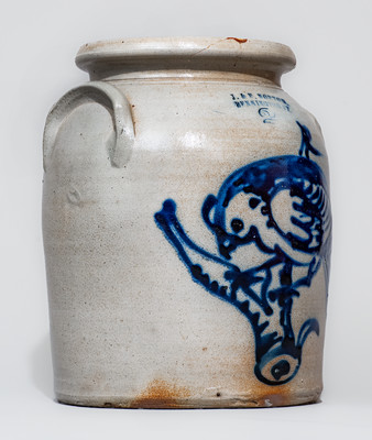 Exceptional J. & E. NORTON, / BENNINGTON, VT Stoneware Jar w/ Oversized Cobalt Bird on Branch