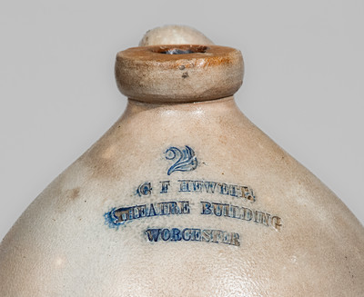 Rare G F HEWETT/ THEATRE BUILDING / WORCESTER, Mass. Stoneware Advertising Jug