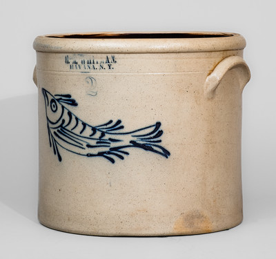 Exceptional H.M. WHITMAN / HAVANA, NY Stoneware Crock w/ Fish Decoration, c1860-62