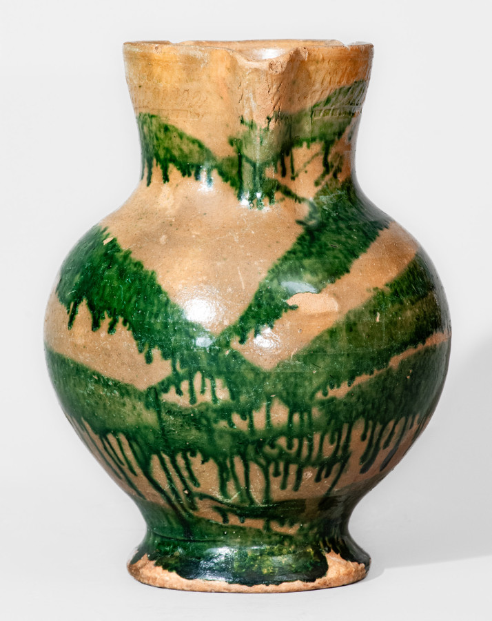 Redware Pitcher with Elaborate Copper-Oxide Decoration attrib. C.A. Haun Pottery, Greene County, TN