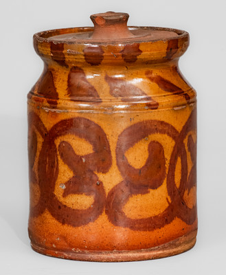 Rare Small-Sized Redware Jar w/ Elaborate Manganese Slip Decoration, attrib. David Mandeville, Circleville, NY