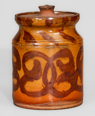 Rare Small-Sized Redware Jar w/ Elaborate Manganese Slip Decoration, attrib. David Mandeville, Circleville, NY