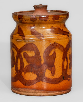 Rare Small-Sized Redware Jar w/ Elaborate Manganese Slip Decoration, attrib. David Mandeville, Circleville, NY