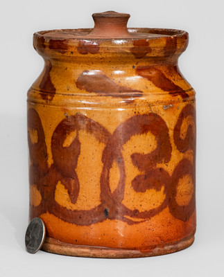 Rare Small-Sized Redware Jar w/ Elaborate Manganese Slip Decoration, attrib. David Mandeville, Circleville, NY