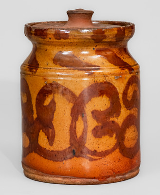 Rare Small-Sized Redware Jar w/ Elaborate Manganese Slip Decoration, attrib. David Mandeville, Circleville, NY