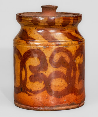 Rare Small-Sized Redware Jar w/ Elaborate Manganese Slip Decoration, attrib. David Mandeville, Circleville, NY