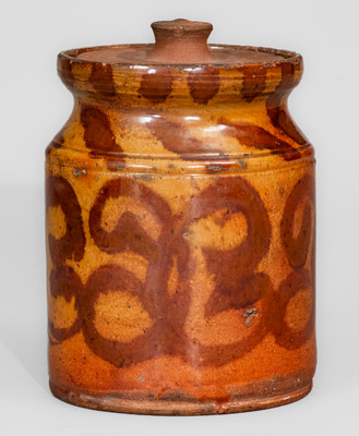 Rare Small-Sized Redware Jar w/ Elaborate Manganese Slip Decoration, attrib. David Mandeville, Circleville, NY