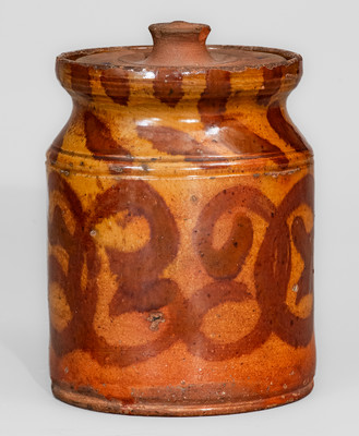 Rare Small-Sized Redware Jar w/ Elaborate Manganese Slip Decoration, attrib. David Mandeville, Circleville, NY