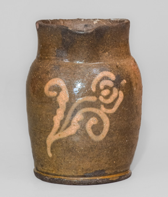 Very Rare Small-Sized Redware Cream Pitcher w/ Cream-Slip Floral Decoration, att. Mottern Pottery, Carter County, TN