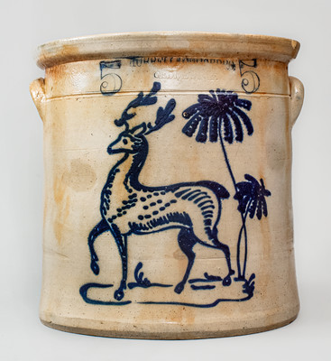 Scarce HUBELL & CHESEBRO / GEDDES, N.Y. Five-Gallon Stoneware Deer Crock