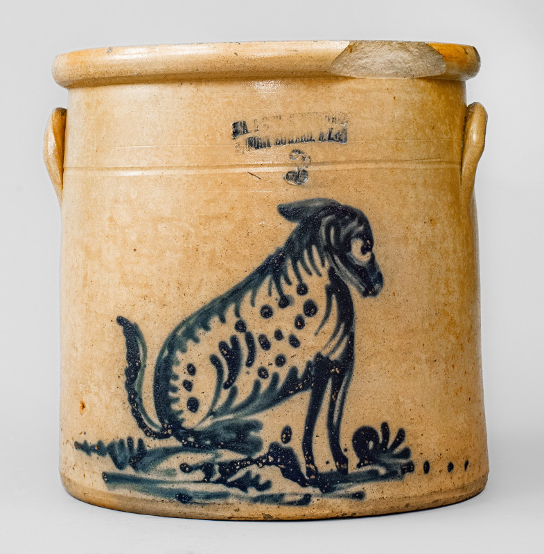 Extremely Rare 3 Gal. J.A. & C.W. UNDERWOOD, / FORT EDWARD, N.Y. Stoneware Crock with Donkey Decoration