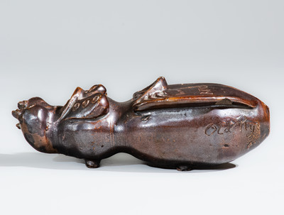 Exceedingly Rare Anna Pottery Stoneware "Cairo Hum Bug" Flask, Jacob Bachley at Kirkpatrick Bros' Pottery