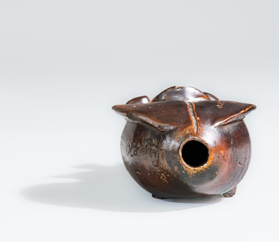 Exceedingly Rare Anna Pottery Stoneware "Cairo Hum Bug" Flask, Jacob Bachley at Kirkpatrick Bros' Pottery