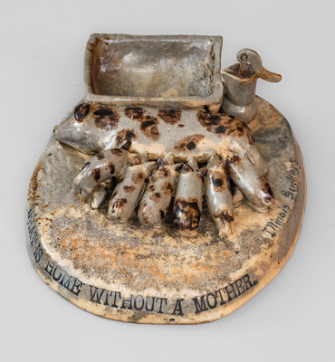 Very Rare Anna Pottery Match Safe w/ Sow and Piglets: "WHAT IS HOME WITHOUT A MOTHER"