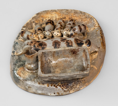 Very Rare Anna Pottery Match Safe w/ Sow and Piglets: "WHAT IS HOME WITHOUT A MOTHER"