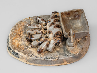 Very Rare Anna Pottery Match Safe w/ Sow and Piglets: "WHAT IS HOME WITHOUT A MOTHER"