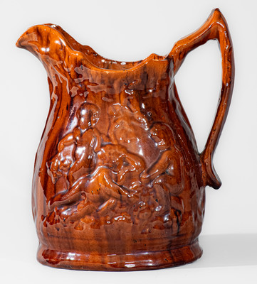 Rare Glazed Pottery Pitcher w/ Relief Cherub Pattern, attrib. John Bell, Waynesboro, PA
