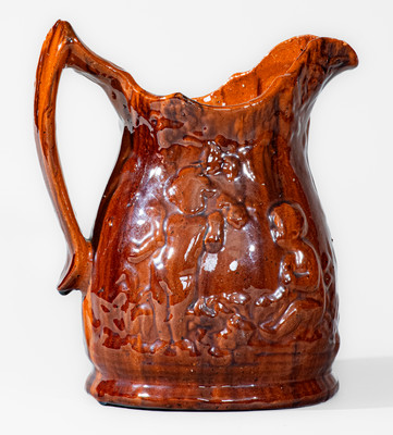 Rare Glazed Pottery Pitcher w/ Relief Cherub Pattern, attrib. John Bell, Waynesboro, PA