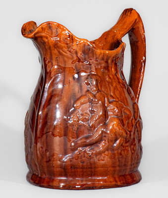 Rare Glazed Pottery Pitcher w/ Relief Cherub Pattern, attrib. John Bell, Waynesboro, PA