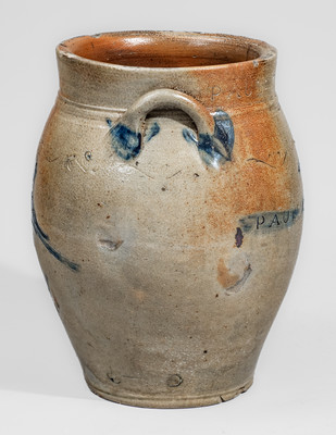 Extremely Rare PAUL CUSHMAN (Albany, NY) Stoneware Jar w/ Incised Fish and Bird Decorations, c1810