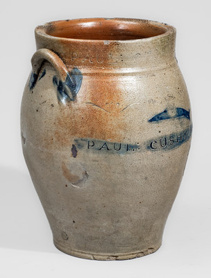 Extremely Rare PAUL CUSHMAN (Albany, NY) Stoneware Jar w/ Incised Fish and Bird Decorations, c1810