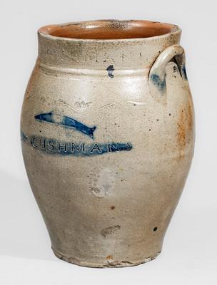 Extremely Rare PAUL CUSHMAN (Albany, NY) Stoneware Jar w/ Incised Fish and Bird Decorations, c1810