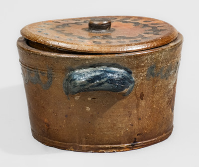 Unusual Lidded Stoneware Cake Crock, Northeastern U.S. origin, early 19th century