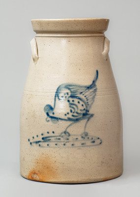 NY State Stoneware Churn w/ Cobalt Chicken Pecking Corn Decoration, c1885
