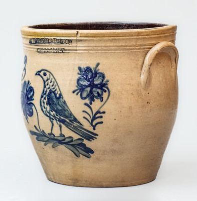 W.H. FARRAR & Co / GEDDES, N.Y. Three-Gallon Stoneware Jar w/ Cobalt Bird and Floral