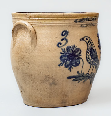 W.H. FARRAR & Co / GEDDES, N.Y. Three-Gallon Stoneware Jar w/ Cobalt Bird and Floral
