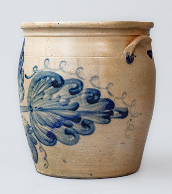 Stoneware Jar w/ Elaborate Cobalt Leaf and Floral Motif, attrib. M. & T. Miller, Newport, PA or Cowden & Wilcox