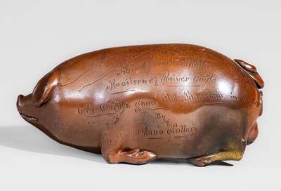 Fine Anna Pottery "Railroad and River Guide" Albany-Slip-Glazed Stoneware Pig Flask, c1875