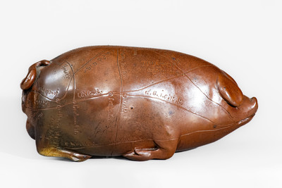 Fine Anna Pottery "Railroad and River Guide" Albany-Slip-Glazed Stoneware Pig Flask, c1875