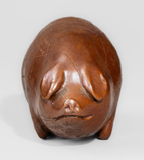 Fine Anna Pottery "Railroad and River Guide" Albany-Slip-Glazed Stoneware Pig Flask, c1875