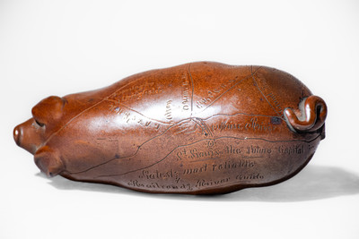 Fine Anna Pottery "Railroad and River Guide" Albany-Slip-Glazed Stoneware Pig Flask, c1875