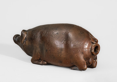 Early Anna Pottery Albany-Slip-Glazed Stoneware Pig Flask, circa 1865