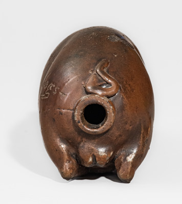 Early Anna Pottery Albany-Slip-Glazed Stoneware Pig Flask, circa 1865