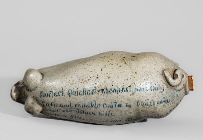 Rare and Fine Anna Pottery Salt-Glazed Stoneware Pig Flask w/ Black Hills Inscription, c1880