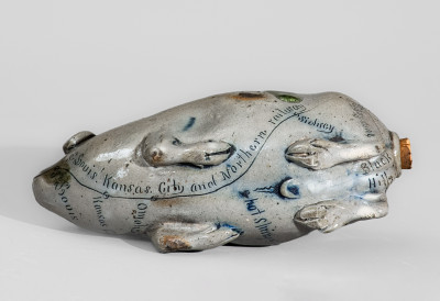 Rare and Fine Anna Pottery Salt-Glazed Stoneware Pig Flask w/ Black Hills Inscription, c1880