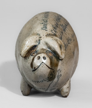 Rare and Fine Anna Pottery Salt-Glazed Stoneware Pig Flask w/ Black Hills Inscription, c1880