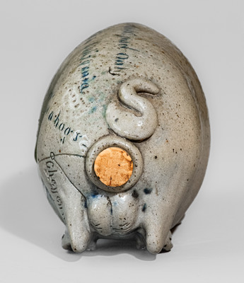 Rare and Fine Anna Pottery Salt-Glazed Stoneware Pig Flask w/ Black Hills Inscription, c1880