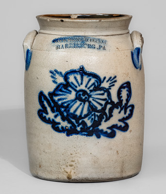 Fine COWDEN & WILCOX / HARRISBURG, PA Stoneware Jar w/ Slip-Trailed Cobalt Decoration