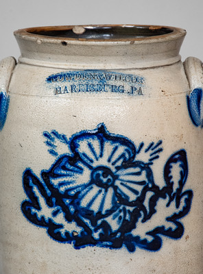Fine COWDEN & WILCOX / HARRISBURG, PA Stoneware Jar w/ Slip-Trailed Cobalt Decoration