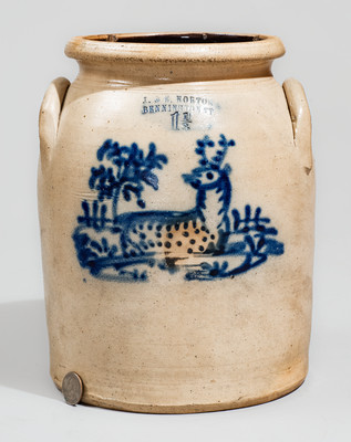 Rare J. & E. NORTON / BENNINGTON VT Stoneware Jar w/ Reclining Deer Scene