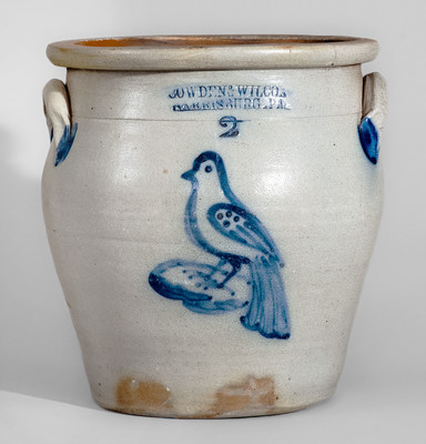 COWDEN & WILCOX / HARRISBURG, PA Two-Gallon Stoneware Jar w/ Cobalt Bird Decoration