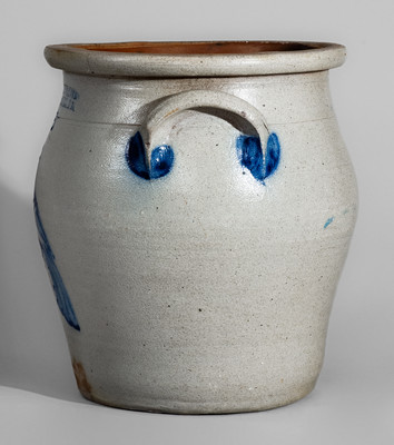 COWDEN & WILCOX / HARRISBURG, PA Two-Gallon Stoneware Jar w/ Cobalt Bird Decoration