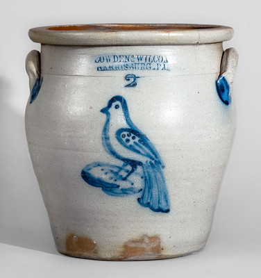 COWDEN & WILCOX / HARRISBURG, PA Two-Gallon Stoneware Jar w/ Cobalt Bird Decoration